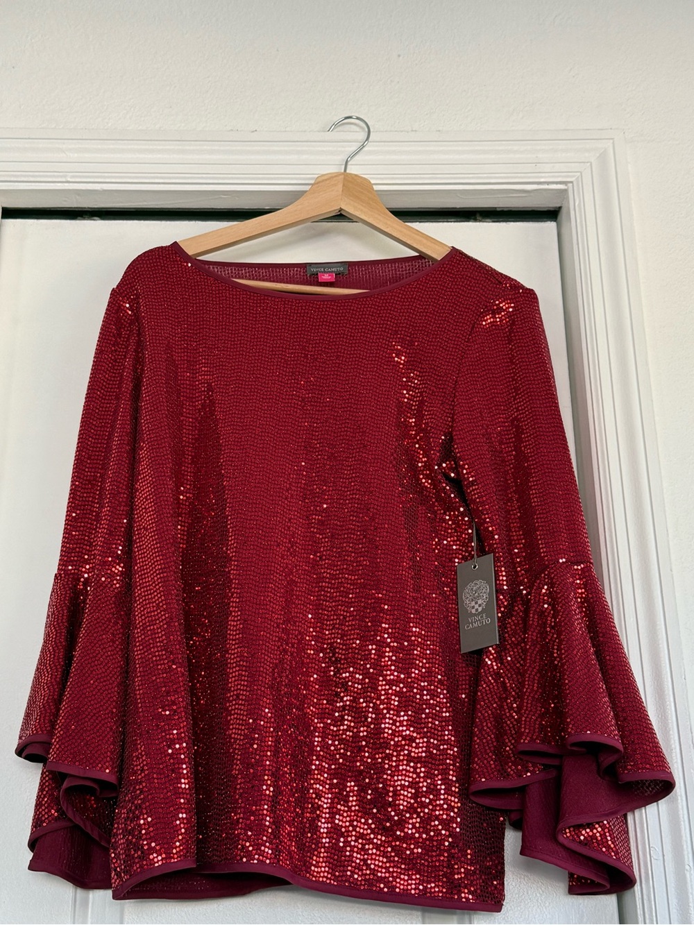 Vince Camuto Red Sequin Bell-Sleeve Blouse